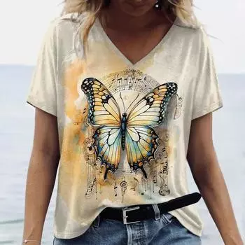 Новые летние женские модные футболки с бабочкой и V-образным вырезом, топы, футболки, женская винтажная одежда с коротким рукавом, женская повседневная уличная одежда S