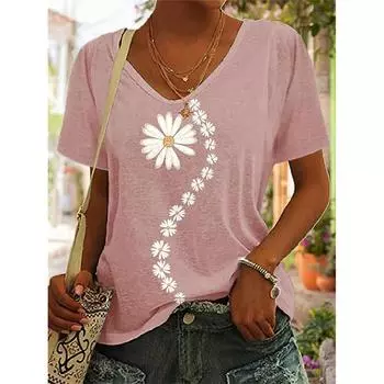 Новые летние женские модные футболки с цветочным принтом и V-образным вырезом, футболки, женская стильная одежда с коротким рукавом, женская повседневная повседневная одежда S