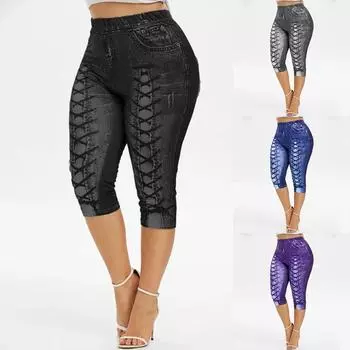 Новые летние женские модные леггинсы для йоги для женщин, брюки больших размеров с высокой талией, леггинсы из искусственного денима с цифровой печатью, шорты, Pantacourt Femme S чёрный