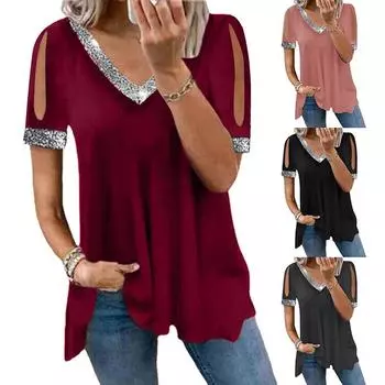 Новые летние женские модные однотонные женские футболки с открытыми плечами и блестками, топы S чёрный