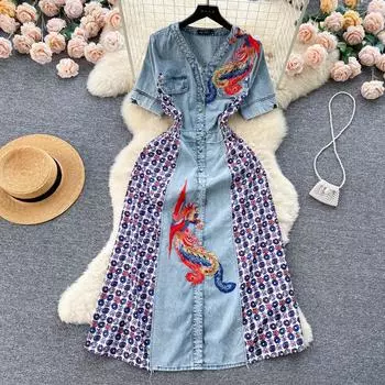 Новые летние женские однобортные джинсовые лоскутные шифоновые платья с вышивкой и V-образным вырезом средней длины, повседневные праздничные платья с короткими рукавами и принтом M синий