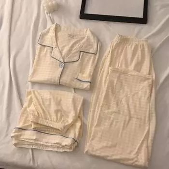 Новые летние женские пижамы из трех предметов, домашняя одежда для девочек, брюки с короткими рукавами, повседневная домашняя одежда на весну и осень L чёрный