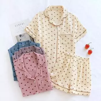 Новые летние женские пижамы с короткими рукавами, шорты, комплект из двух предметов, 100% хлопок, креповая домашняя одежда, милый дышащий костюм большого размера XL