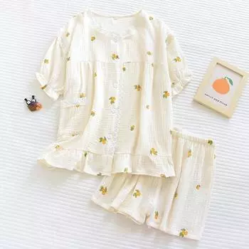 Новые летние женские пижамы с короткими рукавами, шорты, комплект из двух предметов, креповый костюм из 100% хлопка, женская милая свежая домашняя одежда больших размеров M жёлтый/лимон