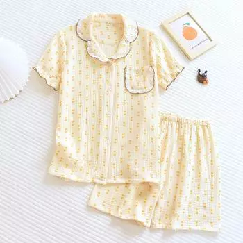 Новые летние женские пижамы, шорты с короткими рукавами, комплект из двух предметов, креп из 100% хлопка, милый повседневный простой пижамный комплект «Маленькая любовь» для девочек M