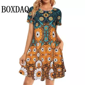 Новые летние женские платья 2025 года с 3D-принтом в винтажном стиле с коротким рукавом и свободными карманами для женщин больших размеров для отдыха на пляже S