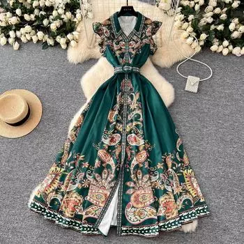 Новые летние женские платья Pirnt с отложным воротником и рукавами-крылышками, однобортные платья в стиле бохо для праздников S бежевый