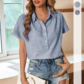 Новые летние женские полосатые женские рубашки с короткими рукавами, топы, элегантные блузки S синий