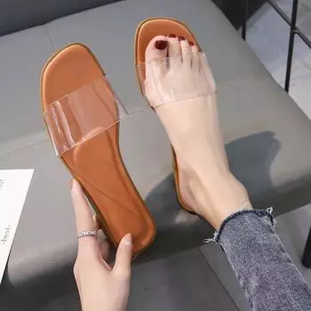 Новые летние женские простые хрустальные тапочки, женские прозрачные однотонные пляжные тапочки на плоской подошве с открытым носком, женские сандалии 35