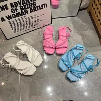 Новые летние женские сандалии для улицы, модные и персонализированные босоножки на высоком каблуке с квадратным носком, однотонные сандалии на плоской подошве с одним символом. 36 розовый