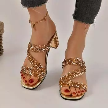 Новые летние женские сандалии и тапочки на среднем каблуке. Женские тапочки на толстом каблуке с открытым носком и высоким каблуком со стразами. 34 чёрный