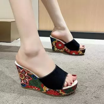 Новые летние женские сандалии с открытым носком, женские повседневные туфли на высоком каблуке и толстой подошве на танкетке, тапочки с принтом в стиле ретро в этническом стиле 37 зелёный