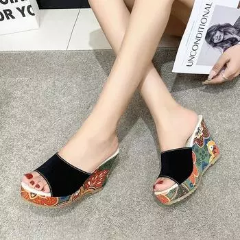 Новые летние женские сандалии с открытым носком, женские повседневные туфли на высоком каблуке и толстой подошве на танкетке, тапочки с принтом в стиле ретро в этническом стиле 37