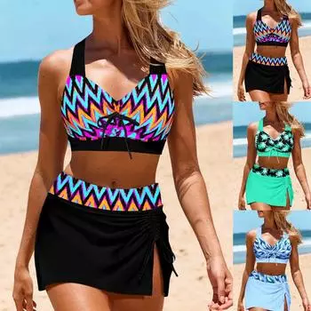 Новые летние женские сексуальные пляжные купальники с четырехугольной юбкой, комплект бикини S-6XL S чёрный