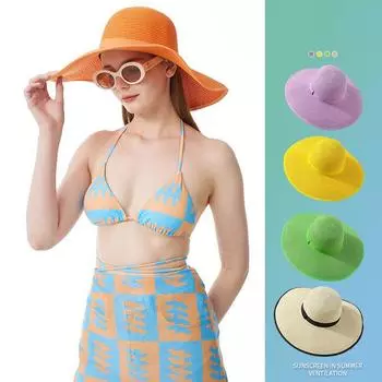 Новые летние женские складные соломенные солнцезащитные козырьки, простая круглая шляпа от солнца с широкими полями, солнцезащитная шляпа с УФ-защитой UPF, пляжная уличная дышащая солнцезащитная шляпа one size 56-58cm коричневый