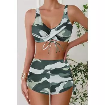 Новые летние женские танкини с золотой отделкой в полоску и шорты с принтом, купальник из двух частей, кружевной сексуальный пляжный комплект, S-6XL S чёрный