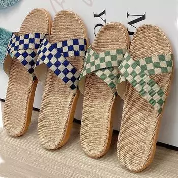 Новые летние женские тапочки из льна в клетку 35 розовый