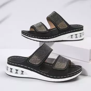 Новые летние женские тапочки на толстой подошве, женские тапочки на плоской подошве на наклонном каблуке 36 чёрный