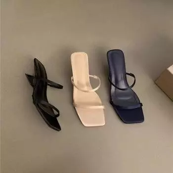 Новые летние женские тапочки, однотонные повседневные сандалии Grace с квадратным носком и узкими ремешками, непромокаемая высокая женская обувь 35 бежевый