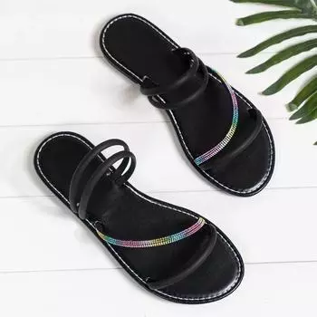 Новые летние женские тапочки, повседневные, удобные, уличные шлепанцы, плоские, с нескользящим открытым носком и стразами, женские тапочки 36