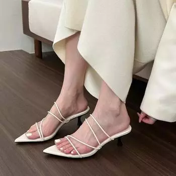 Новые летние женские тапочки, средний каблук, острый носок, сандалии с тонким ремешком, повседневные, модные, элегантные, однотонные тапочки 35