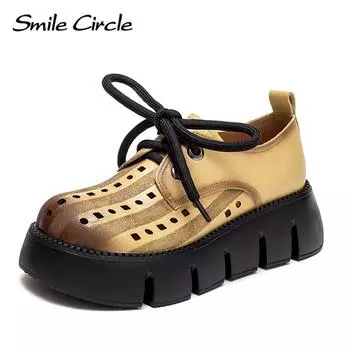 Новые летние женские туфли Lefou с толстой подошвой и круглой головкой, цветные передние туфли на шнуровке спереди, туфли для маффинов, повседневная женская обувь в стиле сто трендов