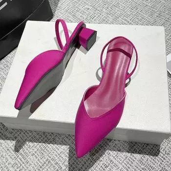 Новые летние женские туфли на высоком каблуке с острым носком и неглубокими босоножками на низком каблуке с ремешками сзади, женские туфли-лодочки Zapatos Mujer, размер 34~43 34 ярко-розовый