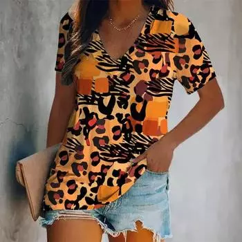 Новые летние женские винтажные футболки с леопардовым принтом, топы с V-образным вырезом, футболки, женская модная одежда с коротким рукавом, женская повседневная повседневная одежда S