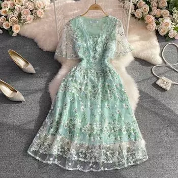 Новые летние женские зеленые сетчатые платья с цветочной вышивкой, повседневное женское праздничное пляжное платье из тюля длиной до колена XXL зелёный