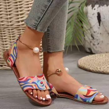 Новые летние женские жемчужные сандалии с бусинами, тапочки, женские женские сандалии на плоской подошве, шлепанцы, повседневные сандалии на плоской подошве с ремешком на пятке, обувь 36 цветочный