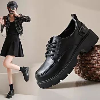 Новые лоферы женские туфли кожаная поверхность весна однотонные повышенная платформа студенческая мода кампус 35 чёрный