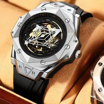 Новые лучшие бренды класса люкс полые автоматические механические часы мужские часы спортивные водонепроницаемые светящиеся силиконовые часы с большим циферблатом розового золота