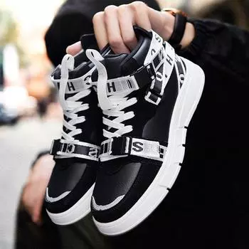 Новые лучшие осенние и зимние популярные высокие кожаные спортивные туфли, модные и универсальные студенческие вулканизированные туфли на шнуровке 39 чёрный