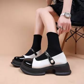 Новые маленькие кожаные туфли на толстой подошве с круглым носком, женские одинарные туфли на толстом каблуке с подошвой Matsutake по цвету 35 чёрный/белый