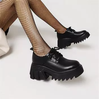 Новые маленькие кожаные туфли в стиле Британской академии для женщин; модные одинарные туфли на толстой подошве с большим увеличением и круглым носком на шнуровке 37 чёрный