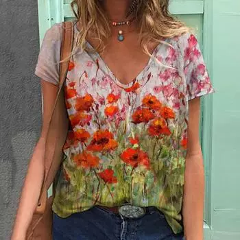 Новые масляные картины цветы цветочный 3D принт футболки женская уличная одежда V-образный вырез футболка свободного покроя Harajuku Y2k топы футболки женская одежда S