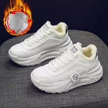 Новые массивные кроссовки, женские зимние кроссовки на плоской подошве со шнуровкой, женская обувь на высоком каблуке с круглым носком, теплая плюшевая вулканизированная обувь на платформе, большие размеры 35 бежевый