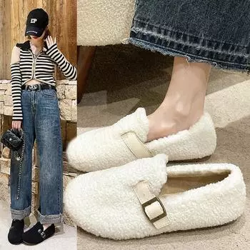 Новые меховые туфли из хлопка с толстым бархатом, удобные осенне-зимние туфли из овечьего меха и фасоли 35 чёрный