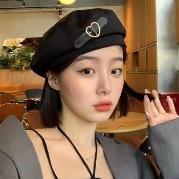 Новые металлические береты с пряжкой в виде сердца и сердца, черные, осенне-зимние, теплые, хип-хоп шляпы, винтажные, элегантные, для женщин и девочек, декоративные шапки 1pc