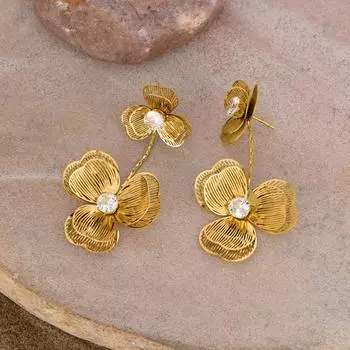 Новые металлические серьги-цветы для женщин, полые, во французском стиле, с кисточками, жемчужными лепестками, серьги-пусеты, модные украшения для ушей для девушек