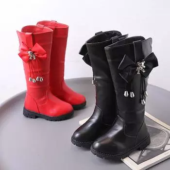 Новые милые детские зимние сапоги, шикарные модные сапоги с бантом и медведем для девочек, универсальные детские элегантные сапоги из хлопка длиной до середины икры 26 чёрный