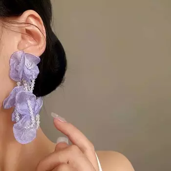 Новые милые фиолетовые марлевые серьги-цветы простые длинные лепестковые серьги-кисточки женские праздничные украшения в подарок как