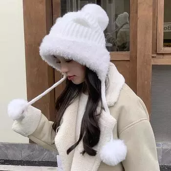 Новые милые кошачьи ушки (Хлеб в форме кошачьих ушей, приготовленный на пару) Вязаная шапка женская плюшевая защита ушей теплая шапка для улицы осень зима чёрный