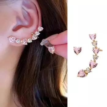 Новые милые розовые серьги с кристаллами и цирконием, серьги Love Arc для женщин, асимметрия, розовый циркон, сердце, косточки для ушей, клипсы, ювелирные изделия, подарок