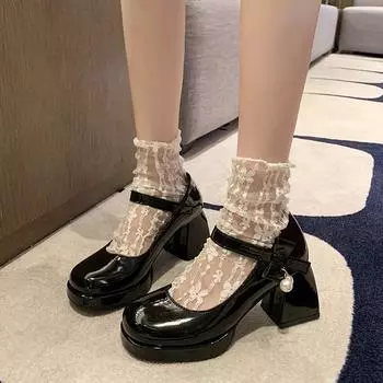 Новые милые туфли Мэри Джейн с бантом на высоком каблуке и пряжкой на ремешке, женские модные туфли на платформе, женские туфли-лодочки с квадратным носком для вечеринок 3.5