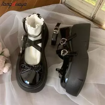 Новые милые туфли в стиле Лолита с пряжкой в форме сердца, женские туфли Мэри Джейн из лакированной кожи на толстой подошве, женские туфли на высоком каблуке в академическом стиле 4.5 чёрный