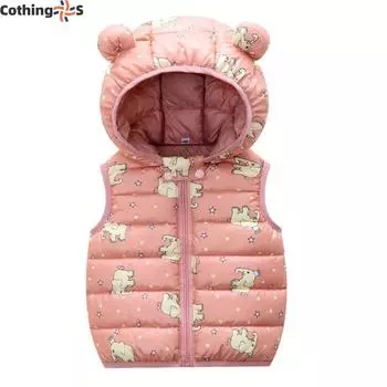 Новые модели из мультфильмов, пуховый хлопковый жилет с капюшоном и принтом для маленьких детей, легкая куртка 80