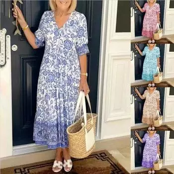 Новые модные элегантные длинные платья с цветочным принтом, женские летние винтажные свободные платья трапециевидной формы с короткими рукавами и v-образным вырезом, женское повседневное пляжное платье в стиле бохо S хаки