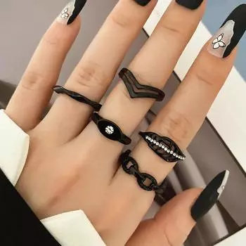 Новые модные элегантные вечерние кольца для девочек, черные кольца с полыми бриллиантами, комплекты из 5 предметов, женские индивидуальные вечерние кольца с кисточками чёрный