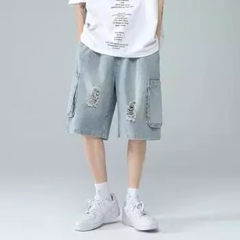 Новые модные американские джинсовые шорты для лета и осени Y2k, спортивные мужские повседневные однотонные рваные прямые джинсы в стиле хип-хоп, S-3XL M светло-синий